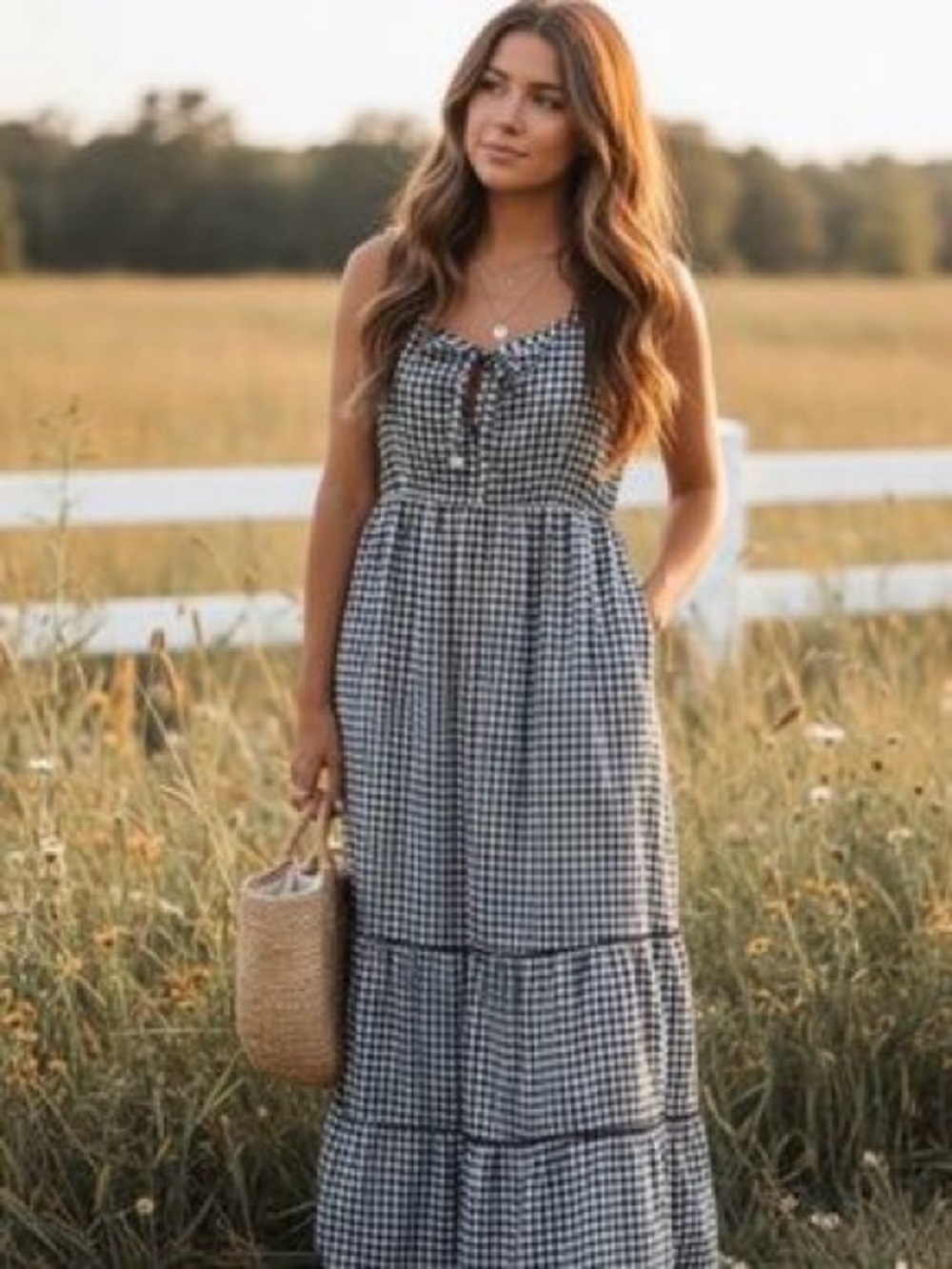 Cynthia Rowley Black and White Gingham Tiered Maxi Dress